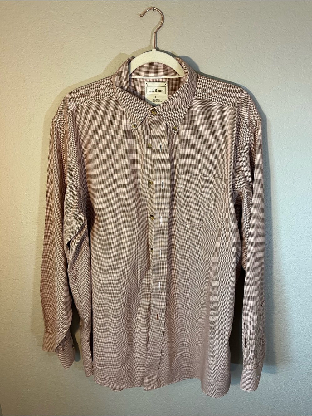L.L. Bean Men's Houndstooth Button Down Shirt Large Brown White Classic Fit